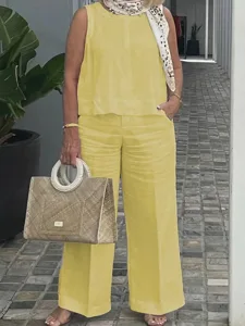 damen-baumwoll-leinen-sets-hosen-sets-bo-gelb-1