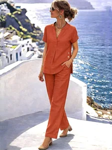 damen-baumwoll-leinen-sets-hosen-sets-bo-orange-6