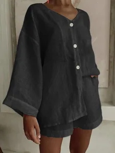 damen-baumwoll-leinen-shorts-sets-bolero-schwarz-2