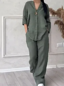 damen-hemd-baumwoll-leinen-sets-zweiteil-armeegrun-7