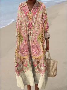 damen-midi-kleid-v-ausschnitt-lange-arme-rosa-3