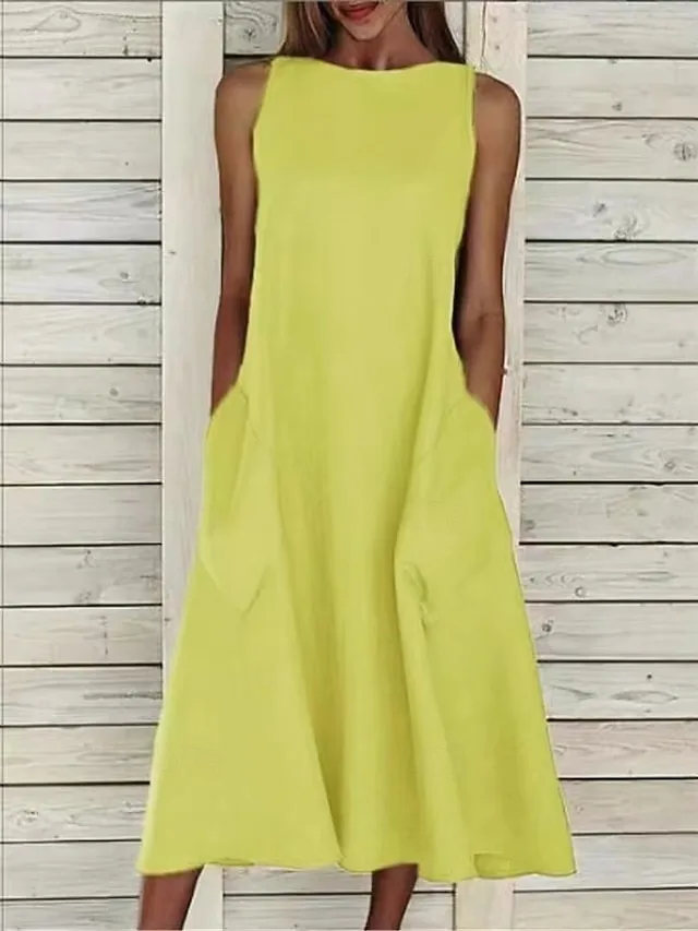 damen-midikleid-armellos-taschen-lassig-gelb-4