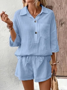 damen-zweiteilige-sets-baumwollhemd-shor-leicht-blau-7