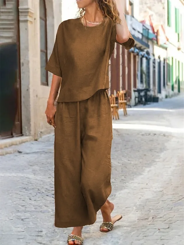frauen-baumwolle-leinen-sets-zwei-stuck-kaki-1