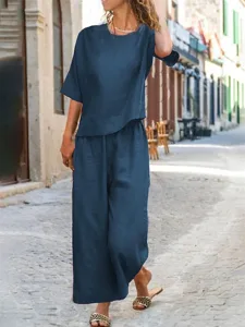 frauen-baumwolle-leinen-sets-zwei-stuck-marineblau-7