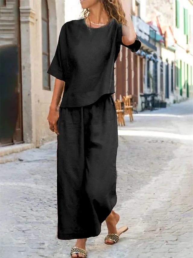 frauen-baumwolle-leinen-sets-zwei-stuck-schwarz-6