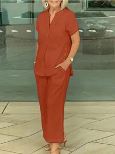 women-s-cotton-linen-sets-short-sleeve-v-orange-2