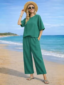 women-s-cotton-linen-sets-two-piece-sets-dark-green-4