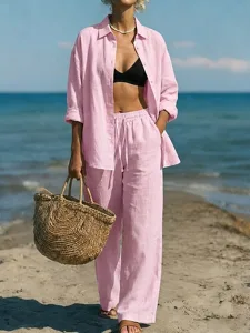 women-s-two-piece-sets-cotton-shirt-pant-pink-1