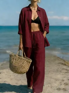 women-s-two-piece-sets-cotton-shirt-pant-wine-2